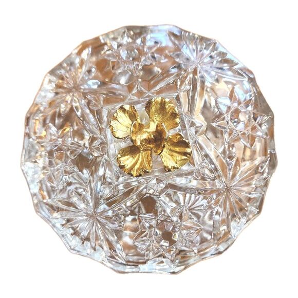 Vintage Vide Poche Round Cut Glass Vanity Trinket Powder Dish w Lid Gold Flower - Picture 4 of 11